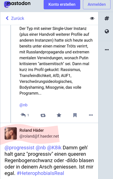 Transphobe, nicht themenbezogene Scheiße und sexistische slurs von Seiten von "Roland Häder @roland@f.haeder.net"