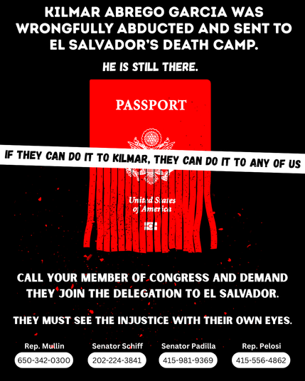 Drawing of a shredded red US passport on a black background with white text asking people to call their MOCs to join a delegation to El Salvador to return Kilmar Abrego Garcia to the US.