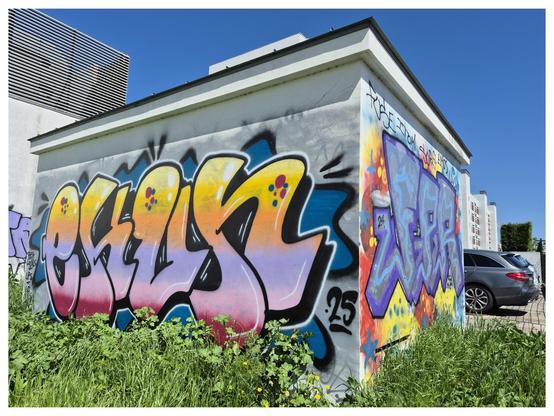 A small concrete structure surrounded by grass. Behind the structure are parked cars, tge corner of another building, and a clear blue sky. On the front of the structure someone has covered the mess of graffiti that was there with a lovely multicoloured tag.