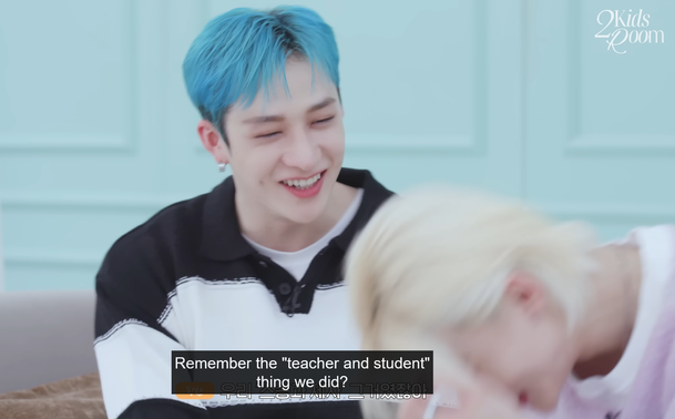 Hyunjin doubles over laughing as Bang Chan says, "Remember the "teacher and student" thing we did?"