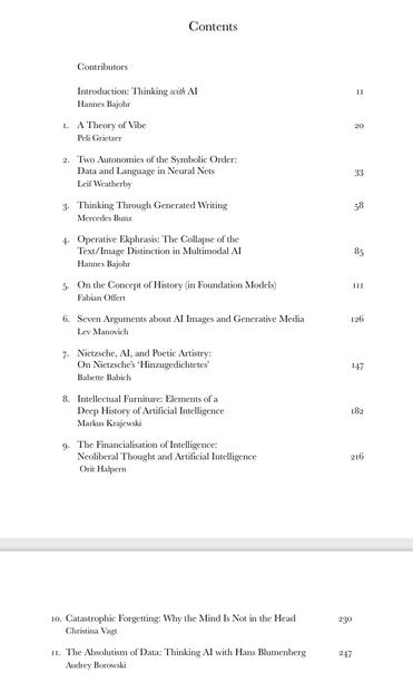 The image shows a table of contents for a book or publication, listing various contributors and topics related to artificial intelligence, including essays on AI's impact on language, art, and history. Each entry includes the title and page number.