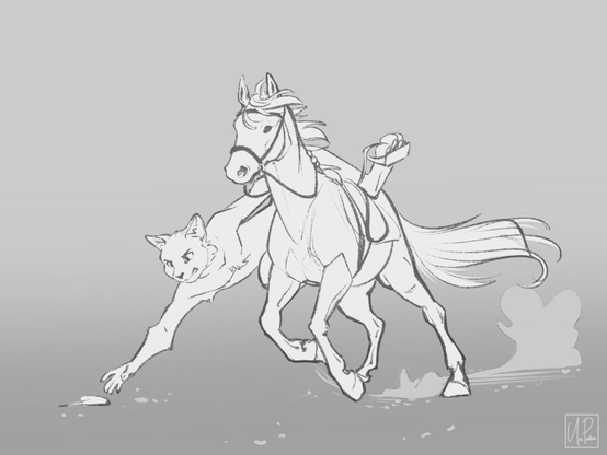 A plain sketch showing an anthro cat riding a galloping horse. He is leaned over the side, reaching for something on the ground