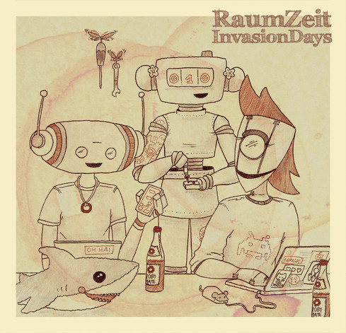 Illustration zu den RaumZeitInvasion Days. Im Vordergrund sitzen zwei Roboter an einem Tisch hinter Laptops. Die Laptops sind voll mit Stickern. Einer der Roboter trägt ein Space-Invaders-Oberteil. Es stehen Robo-Mate-Flaschen auf dem Tisch, ein Blåhaj und eine Computer-Maus mit Ohren liegt daneben. Hinter dem Tisch steht ein weiterer Roboter, dessen rechte Hand ein Schraubendreher ist. Dieser Roboter hat Super-Mario- und Pacman-Tattoos auf dem Arm. In der Luft fliegen ein beflügelter Schraubendreher und Gabelschlüssel.