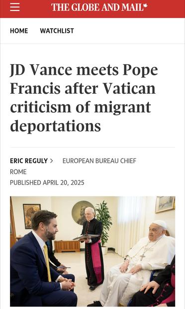 Headline: JD Vance meets Pope Francis. With pic of them meeting on Easter.