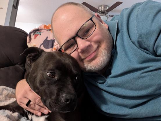 Selfie with Pepper (black lab / staffy mix) and I