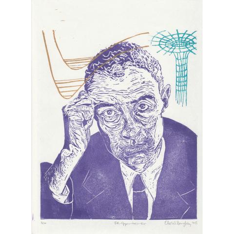 Linocut portrait of Oppenheimer in a suit leaning on his hand, in purple ink on white paper. Above to the right is a spacetime diagram for a Blackhole in turquoise. Above to the left is a schematic for the adiabatic approximation in gold.