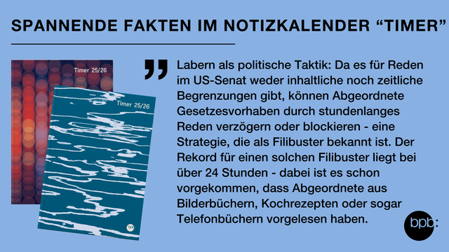 Cover der aktuellen Timer-Ausgaben. Daneben steht: Labern als politische Taktik: Da es für Reden im US-Senat weder inhaltliche noch zeitliche Begrenzungen gibt, können Abgeordnete Gesetzesvorhaben durch stundenlanges Reden verzögern oder blockieren - eine Strategie, die als Filibuster bekannt ist. Der Rekord für einen solchen Filibuster liegt bei über 24 Stunden - dabei ist es schon vorgekommen, dass Abgeordnete aus Bilderbüchern, Kochrezepten oder sogar Telefonbüchern vorgelesen haben.