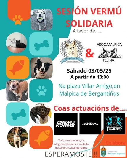 "Cartaz do evento Sesión Vermú Solidaria en Malpica, con data 3 de maio, ás 13:00 h, na Praza Villar Amigo. Inclúe logos de O Legado de Max e Malpica Felina e nomes dos grupos Drenkorme, Mahirama e Varce."