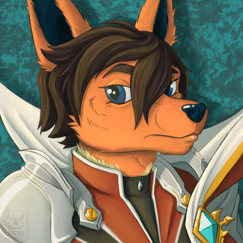 A bust drawing of a stern-looking anthro flareon wearing knight emperor armor from Elsword