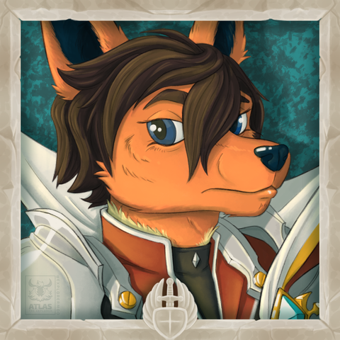 A bust drawing of a stern-looking anthro flareon wearing knight emperor armor from Elsword. The artwork is surrounded by a stone frame with an emblem of a winged sword and shield in the bottom center.