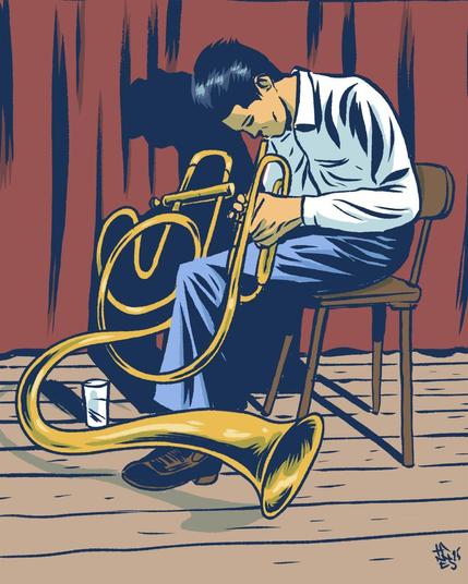 The protagonist from Giètz! playing the trumpet with a Chet Baker kind of pose. The trumpet is mutated in a surreal way, with many added loops and windings, moving like a snake on the stage.