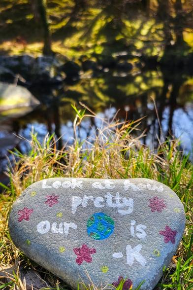 A smooth gray rock sits in green grass near a body of water. Painted on the rock in gray lettering are the words "Look at how pretty our Earth is" surrounding a small painting of the Earth. There are also painted pink flowers on the rock.