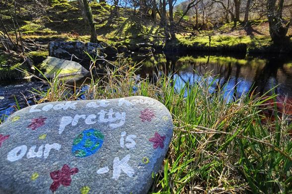 A smooth gray rock sits in green grass near a body of water. Painted on the rock in gray lettering are the words "Look at how pretty our Earth is" surrounding a small painting of the Earth. There are also painted pink flowers on the rock.