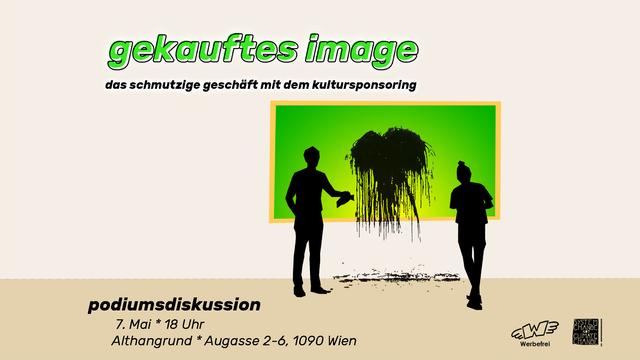 Eine Grafik mit dem Titel und Untertitel wie Ortsinformation der Veranstaltung; Zu sehen sind zwei schematisch dargestellte - Personen, die eine Flüssigkeit auf ein Bild in Grüntönen schütten.