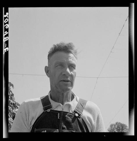 The image is a black and white photograph featuring an older man standing outdoors under a clear sky. He appears to be in his late 50s or early 60s with visible signs of aging such as wrinkles on his face, sun-weathered skin, and receding hairline. His expression is neutral but attentive.

He wears a light-colored sweater over what seems to be work clothes - specifically, dark denim overalls that are typical for farming or manual labor occupations during the early 20th century in America. The overall's pockets have flaps with buttons, one of which appears partially visible on his right chest pocket. There is also a small buttoned patch on the left shoulder strap.

The background consists of an open sky and what could be part of agricultural equipment or structures to the far right side, suggesting that this photo was taken in a rural setting possibly related to farming activities during Dorothea Lange's time as documented by her photography archive. The man is looking slightly off-camera with his head tilted upwards, giving him a contemplative expression.

The image has text overlay on the left and right edges which reads "1942-08" indicating that it may have been taken around August 1942 during Dorothea Lange's assignment in Nebraska. The caption provided suggests this individual was once a farm owner near Independence, Polk County, Oregon.

This photograph is part of the collection at the International Center of Photog [...]