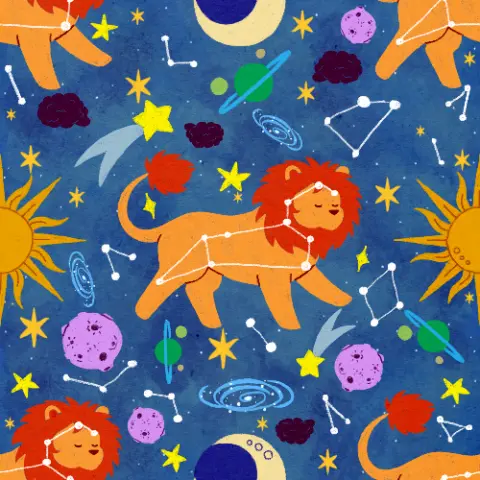 Digital flat color illustration. It is a seamless pattern with cute cartoony orange lions with the Leo constellation over them, yellow moons, orange suns, tiny green planets, yellow shooting stars, purple asteroids, blue spiral galaxies, white constellations and yellow stars. The background is textured blue.