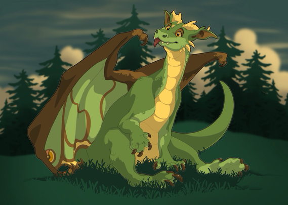 A cool green dragon with luna moth inspired wings sitting in the grass in front of an evergreen forest tree line.