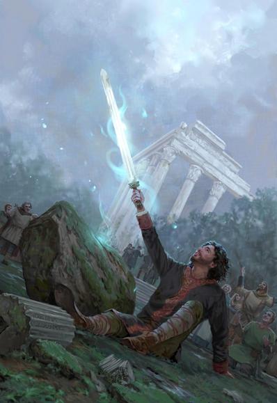 King Arthur sits on the ground next to a mossy rock, proudly thrusting the sword Excalibur up into the air, suggesting that he's just drawn it out from the stone. It has a magical blue glow. In the background, some people cheer his success, while a few others seem miffed about it.