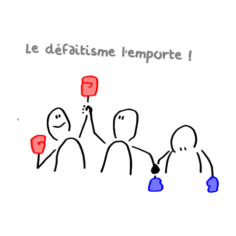 Illustration d'une déclaration de victoire d'un boxer aux gants rouge à gauche contre un boxer aux gants bleus à gauche qui baisse la tête. L'arbitre an centre lève le bras du vainqueur.