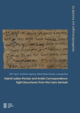 Cover of the book "Hybrid Judeo-Persian and Arabic Correspondence". It has a blue background and includes an image of one of the documents, the title and authors' names, and the name of the series and the OEAW press.