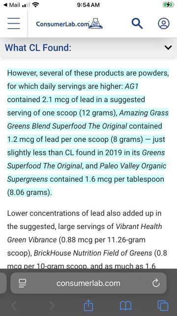 Screenshot from consumerlabs.com:

What CL Found:

However, several of these products are powders, for which daily servings are higher: AG1 contained 2.1 mcg of lead in a suggested serving of one scoop (12 grams), Amazing Grass Greens Blend Superfood The Original contained 1.2 mcg of lead per one scoop (8 grams) - just slightly less than CL found in 2019 in its Greens Superfood The Original, and Paleo Valley Organic Supergreens contained 1.6 mcg per tablespoon (8.06 grams).
Lower concentrations of lead also added up in the suggested, large servings of Vibrant Health Green Vibrance (0.88 mcg per 11.26-gram scoop), BrickHouse Nutrition Field of Greens (0.8
mca per 10-aram scooo. and as much as 1.6