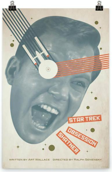 A poster for Star Trek episode Obsession, featuring the face of Kirk yelling, with an silhouette of the Enterprise over his right eye like an eye patch.