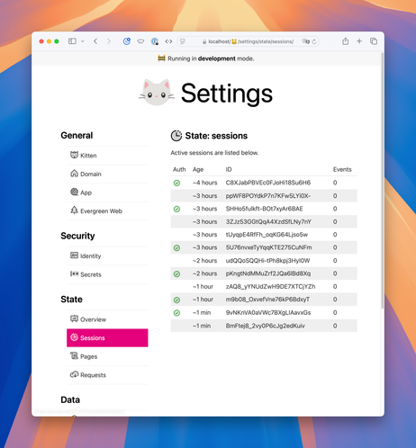 Screenshot of State:sessions section of Kitten settings. The icon for the section is a clock with dots on its periphery from the twelve o’clock to three o’clock position.

The page has a list of sessions, including a dutotone green rounded checkout icon for those that are authenticated. The other fields include Age, ID, and events. Ages are shown as ~4 hours, ~3 hours, etc. The IDs are random strings (e.g., C8XJabPBVEc0FJoHi18Su6H6) And all the shown pages have 0 events listed.