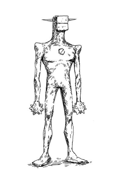 Drawing of a strange humanoid creature with maces as hands