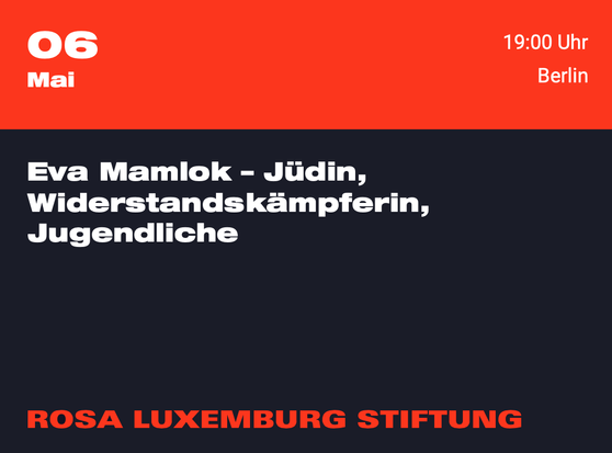 1/3 top: red stripe with white lettering: date, time, city
1/3 center: black stripe with white lettering: title of event
1/3 bottom: black stripe with red lettering: location