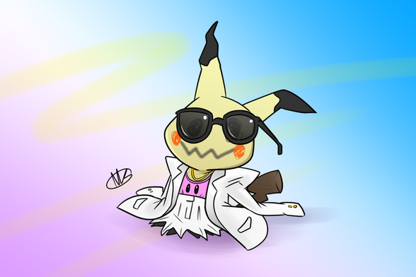 The Pokemon, Mimikyu, wearing its Pikachu disguise, but also a costume on top of this disguise. The costume is inspired by an outfit you might see on the old television program, Miami Vice, featuring a white suit jacket with large padded shoulders and white pleated pants pulled up above the belly button, with a low cut pink t-shirt, with two little holes cut out for Mimikyu to see through the pink shirt. The jacket is over sized and the sleeves are dragging on the floor. The black sunglasses are barely hanging on to the head of the Pikachu disguise. The background is a purple and blue gradient with zig-zag yellow brush marks, to fit with the 1980's Miami vibe.