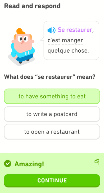 Duolingo question showing that "se restaurer" in French means "to have something to eat".