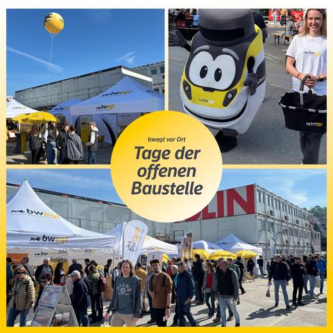 Eine Bildcollage zeigt verschiedene Impressionen vom bwegt-Stand auf den Tagen der offenen Baustelle. Menschen gehen über das Gelände der S21-Baustelle, Bine bwegt lächelt in die Kamera und ein gelber bwegt-Luftballon ragt über dem blauen Himmel.
