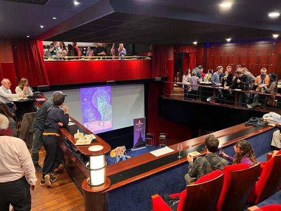A concert in a cinema setting. There are people sitting and standing in every possible spot, there is a gentleman with a guitar about to start playing. Photo by Anisa Mehdi.