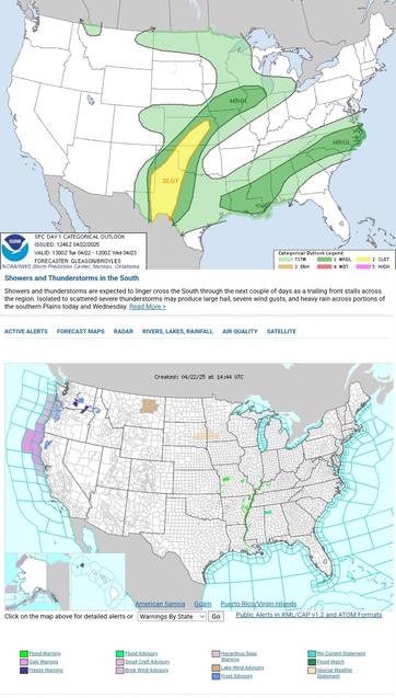 Showers and Thunderstorms in the South
Showers and thunderstorms are expected to linger cross the South through the next couple of days as a trailing front stalls across the region. Isolated to scattered severe thunderstorms may produce large hail, severe wind gusts, and heavy rain across portions of the southern Plains today and Wednesday