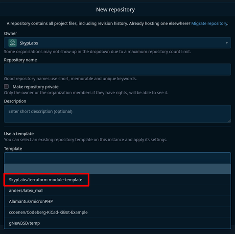 Screenshot of the repository creation menu on Codeberg. The "Template" dropdown menu is open, with "SkypLabs/terraform-module-template" as first result.