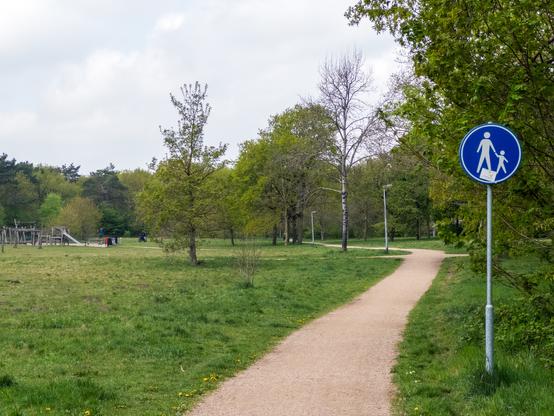 A winding path through a park with a pedestrian sign and trees.