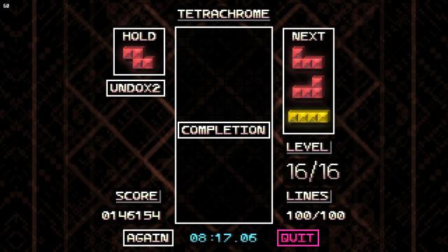 Clear result in Tetrachroma's Spectrum/Standard/Tetrachrome mode.
146,154 points, 100 lines, 8'17"06.