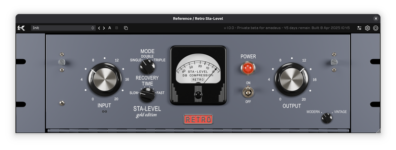 Retro Sta-Level plugin with Input, Mode, Recovery Time, Power, Output and Modern/Vintage controls.