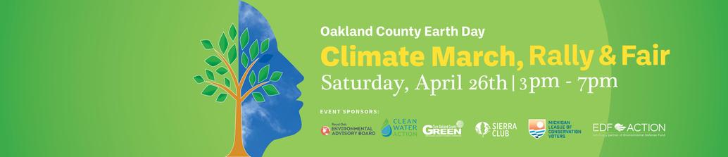 Logo of a blue face in silhouette and a tree. Oakland County Earth Day Climate March, Rally & Fair, Saturday, April 26th 3pm - 7pm