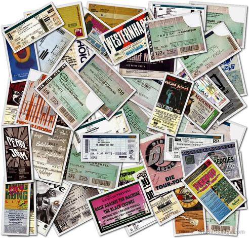Eine Collage aus Konzerttickets verschiedener Bands und Veranstaltungen, darunter Pearl Jam, Billy Idol und Rage Against the Machine.