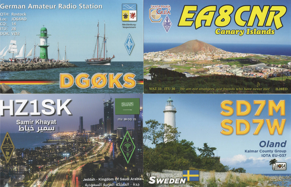 QSL-Karten. Oben links: Deutschland (ein grün-weißer Leuchtturm, vermutlich bei Rostock); oben rechts: Gran Canaria (Luftaufnahme der Gemeinde Santa María de Guía); unten links: Saudi Arabien (Nachtaufnahme der Stadt Jeddah aus der Luft); unten rechts: Öland (Schweden) (Strand mit weißem Leuchtturm).