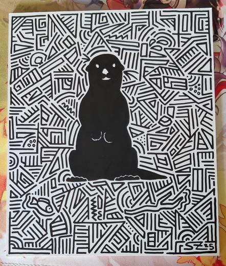 Silhouette of an otter sitting with his paw in front of him. The silhouette is surrounded by random geometric shapes and lines.