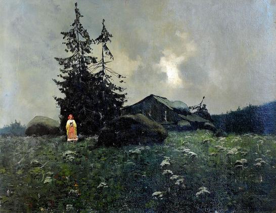 Under an overcast sky is pictured a meadow with a few trees and boulders near an old and possibly abandoned farmhouse.  There is a lone person in bright clothing who stands out against the otherwise dark colors in the scene.  in the distance are wooded hills.  There is a small break in the heavy dark clouds