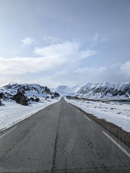 Perspective shot of a road going between snowy landscape