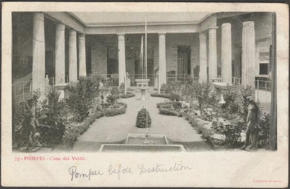 Printed monochrome postcard showing a view of the Casa dei Vettii in Pompei, Italy, as it looked prior to its destruction by Mount Vesuvius.

Published by Richter & Co, Napoli, No 73, undivided back, c.1905.

Postally unused.

Good condition, with slight corner bumps, but noticeable album marks.
