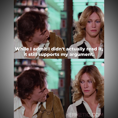Modifed frames from Cronenberg's Rabid. Marilyn Chambers is not impressed with a guy who says "While I admit I didn't actually read it, it still supports my argument."