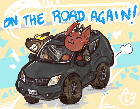 digital art by me of our 06 nissan murano but like chibified kinda. my spouse and my sona's are hanging out the windows driving (alph is a red sphinx cat w demon horns and im a spotted hyena, shouting "on the road again!") - please consider helping out my gfm even a little thank u