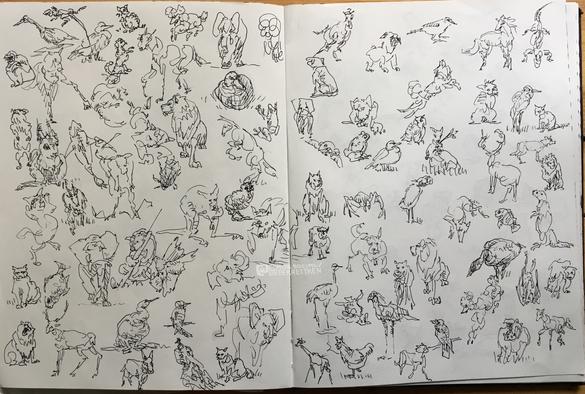 black fineliner on paper

various quick sketches of animals (2 pages)