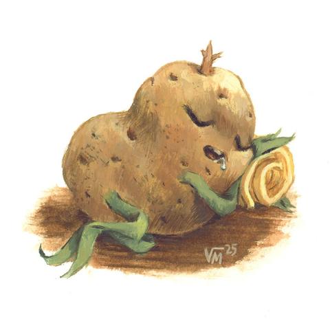 Anthropomorphic potato asleep using a curl of butter as a pillow. Painting in watercolor and gouache by Victoria Maderna.