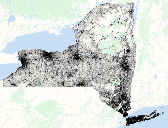 A map of the state of New York with a dot for every one of the millions of addresses in the state.